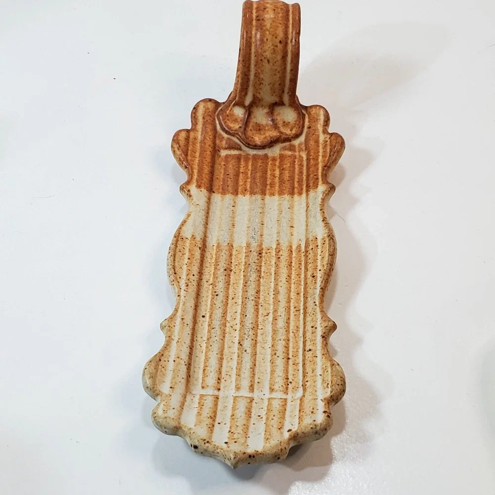 Vtg Marcia Muth Rustic Art Pottery Tri Color Butter Stick Dish W/ Handle Scallop